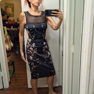 Karen Millen Black Monet Floral Stretch Satin Bodycon Dress 8